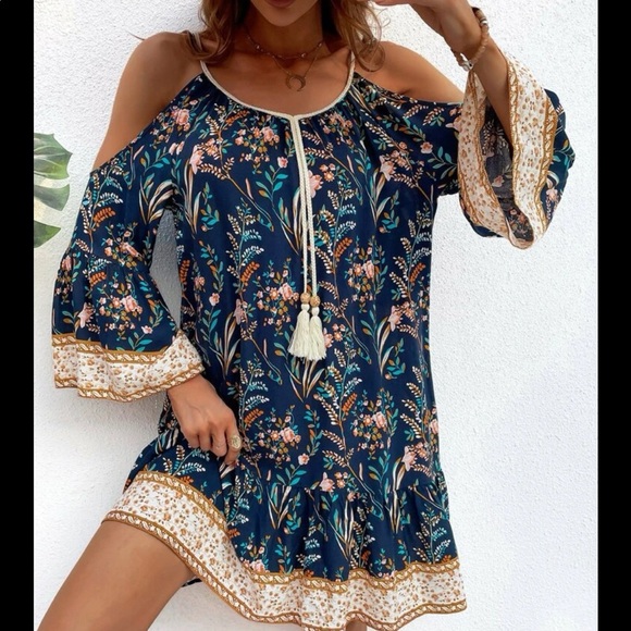 Boho Gypsy Floral Print Cold Off Drop Shoulder Tassel Dress - Picture 6 of 7